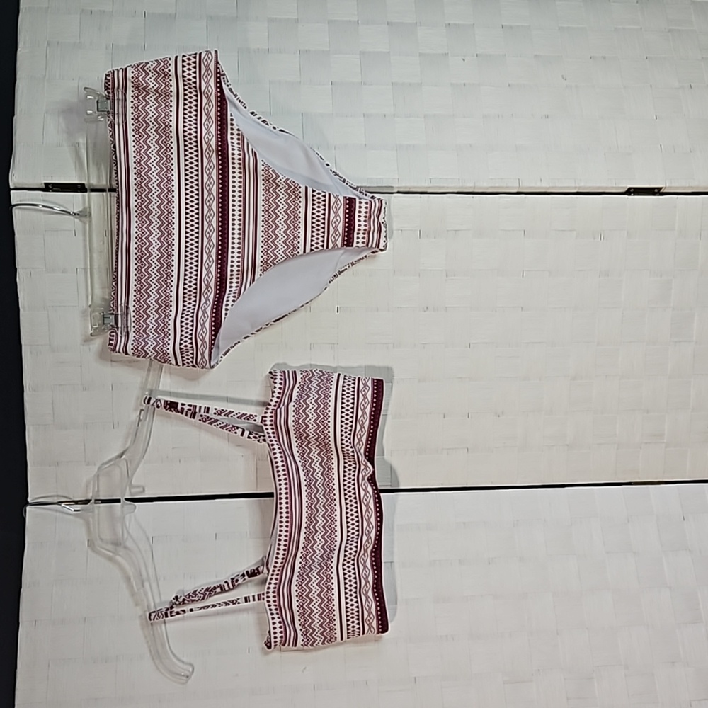 Women's Large 2 piece Swimsuit- Merlot Stripe Pattern